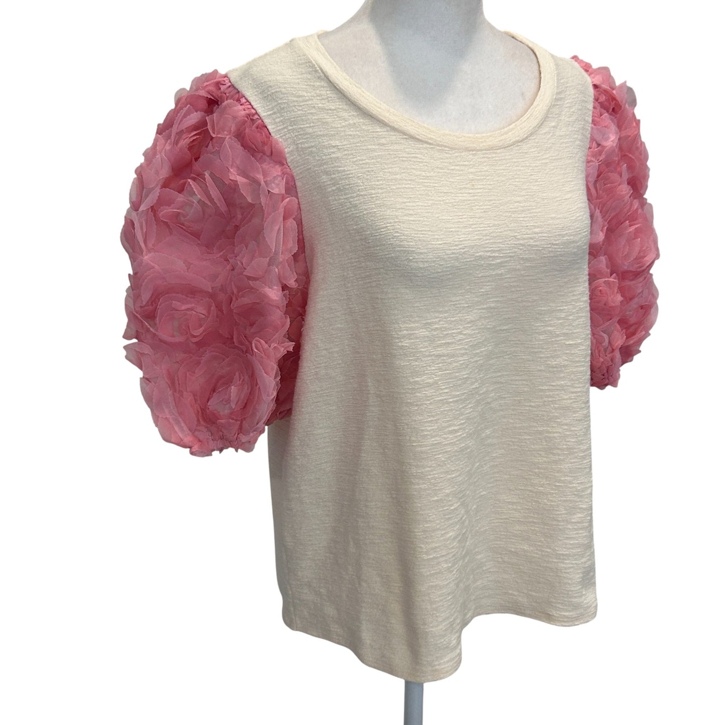 Maeve Anthropologie Ivory and Pink Tulle Puff Short Sleeve Top Womens Size Large