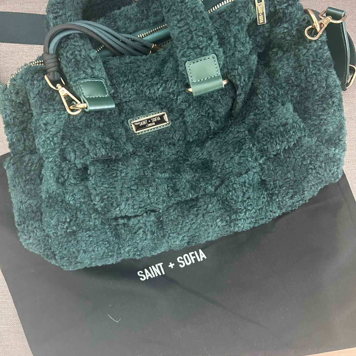 Saint + Sofia Hunter Green Fleece and Leather Shoulder Top Handle Bag