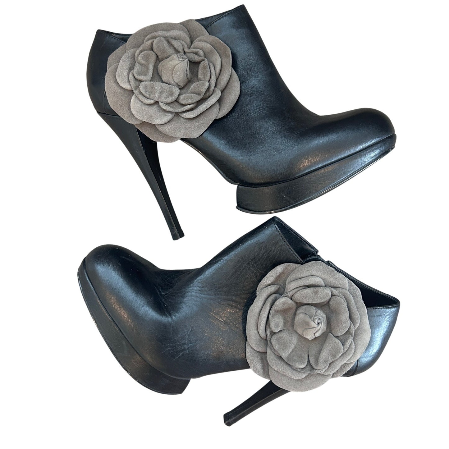 Kelsi Dagger Rosabella Black Grey Leather Heeled Platform Boots Womens Size 8.5