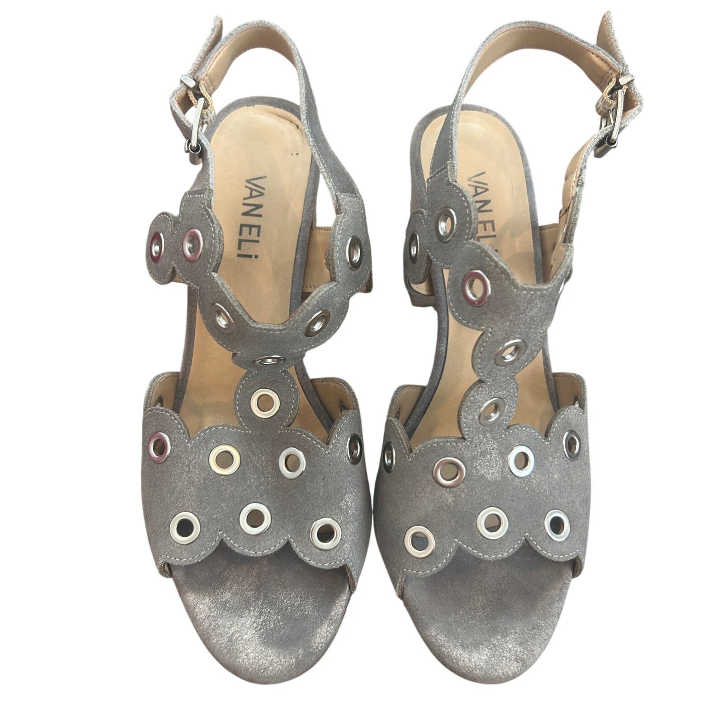 VANELi Berton Taupe Rory Chunky Heel Ankle Strap Scalloped Shoes Womens Size 8
