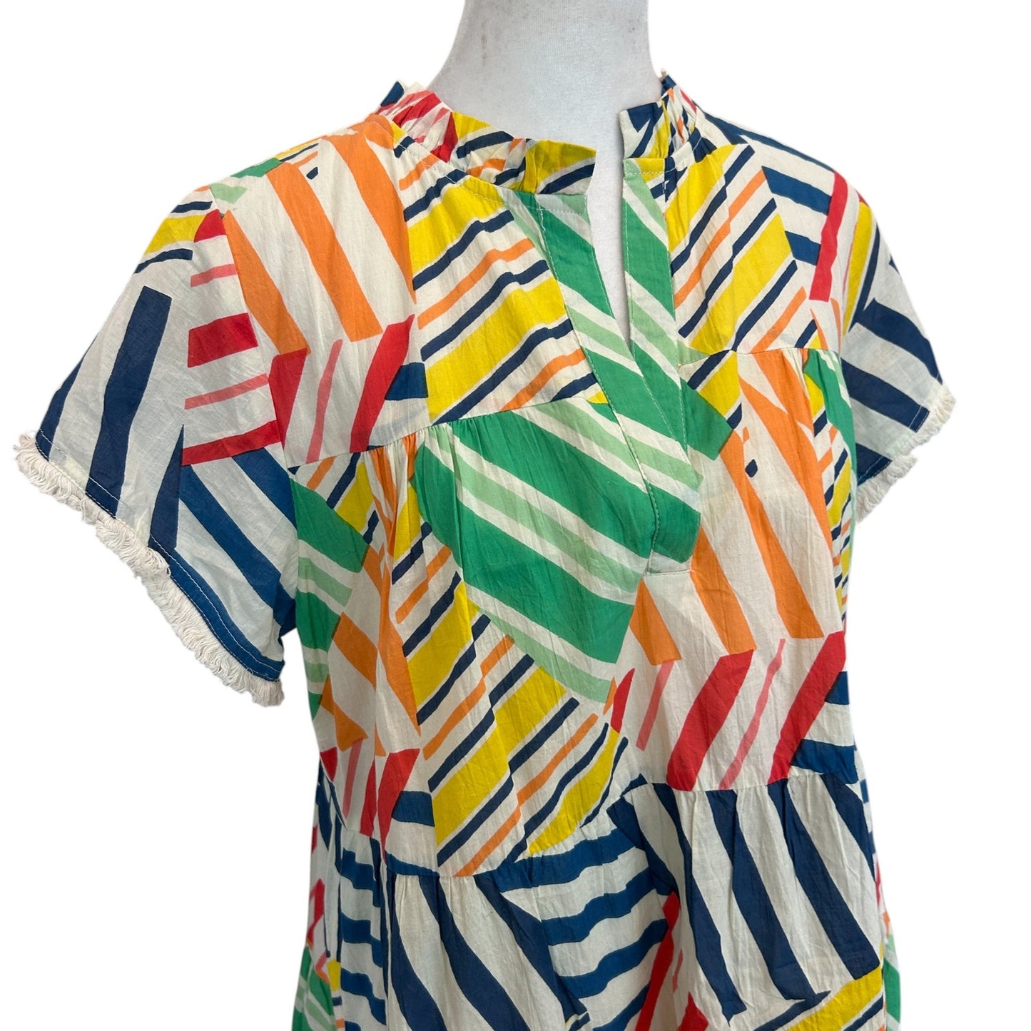THML Bright Colors Geometric V-Neck Boho Mini Ruffled Dress Womens Size Small