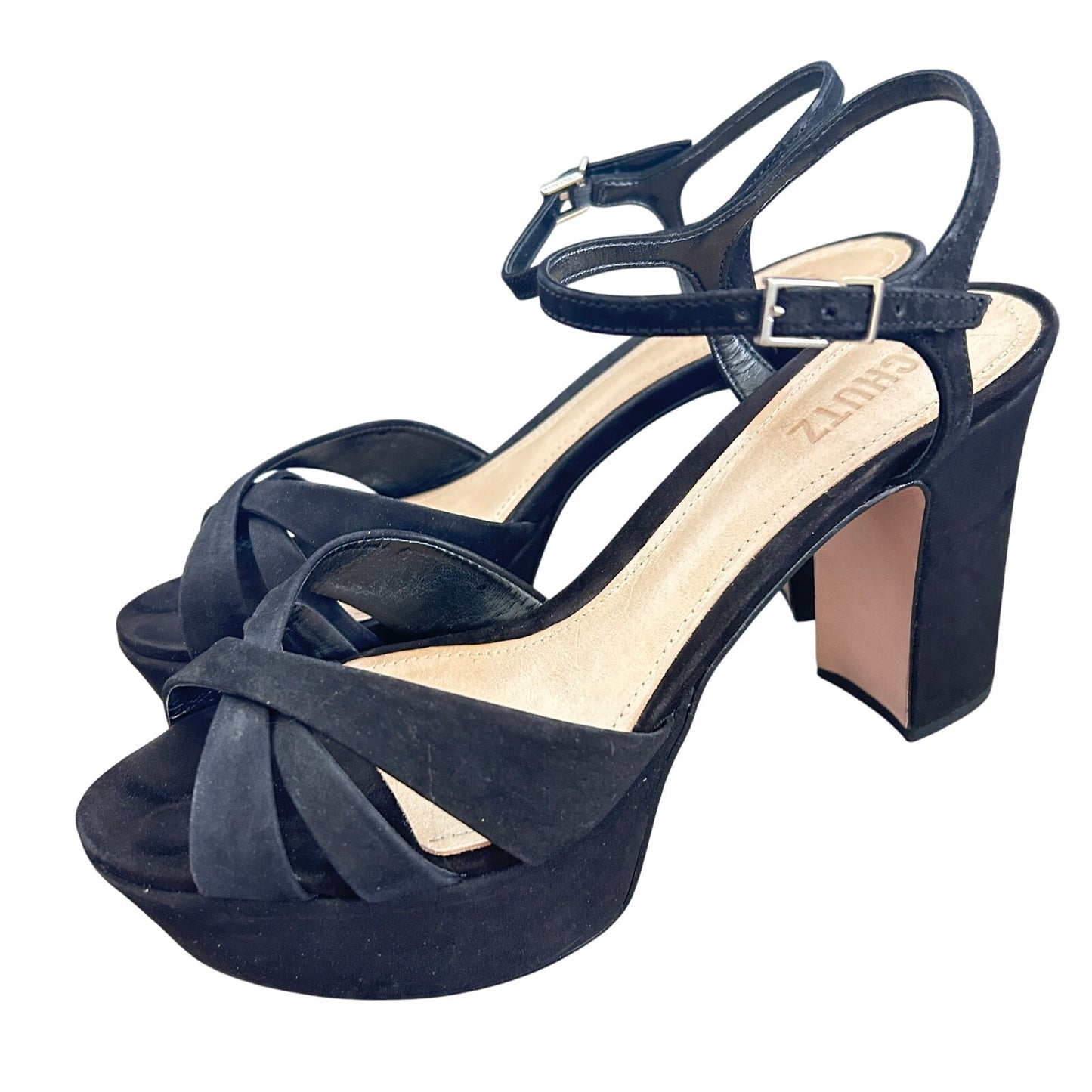 Schutz Keefa Platform Strappy Sandal Heels Black Nubuck Leather Womens Size 9 B