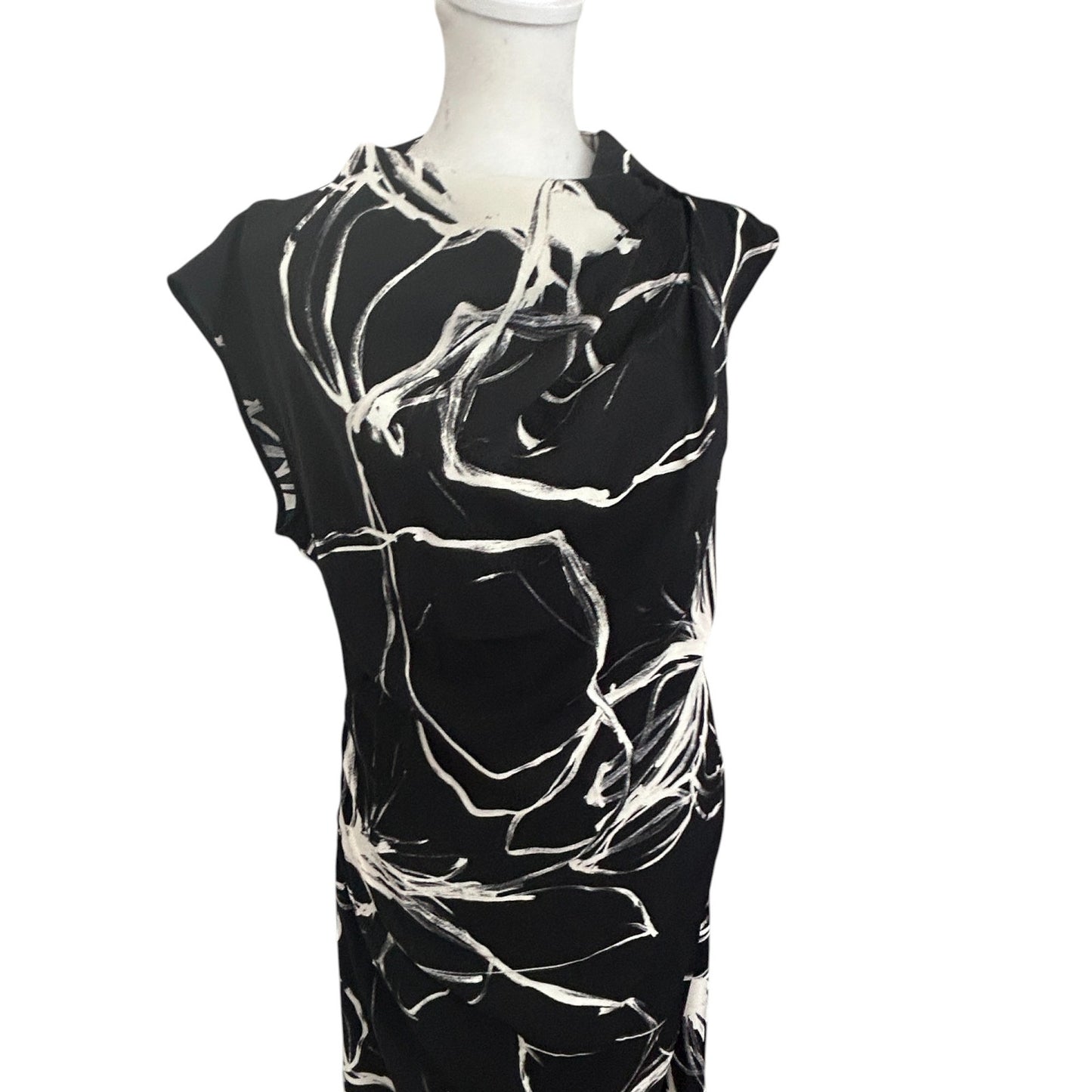 DKNY Black and Ivory Printed Mock-Neck Cap Sleeve Midi Dress Womens Size 6 NEW
