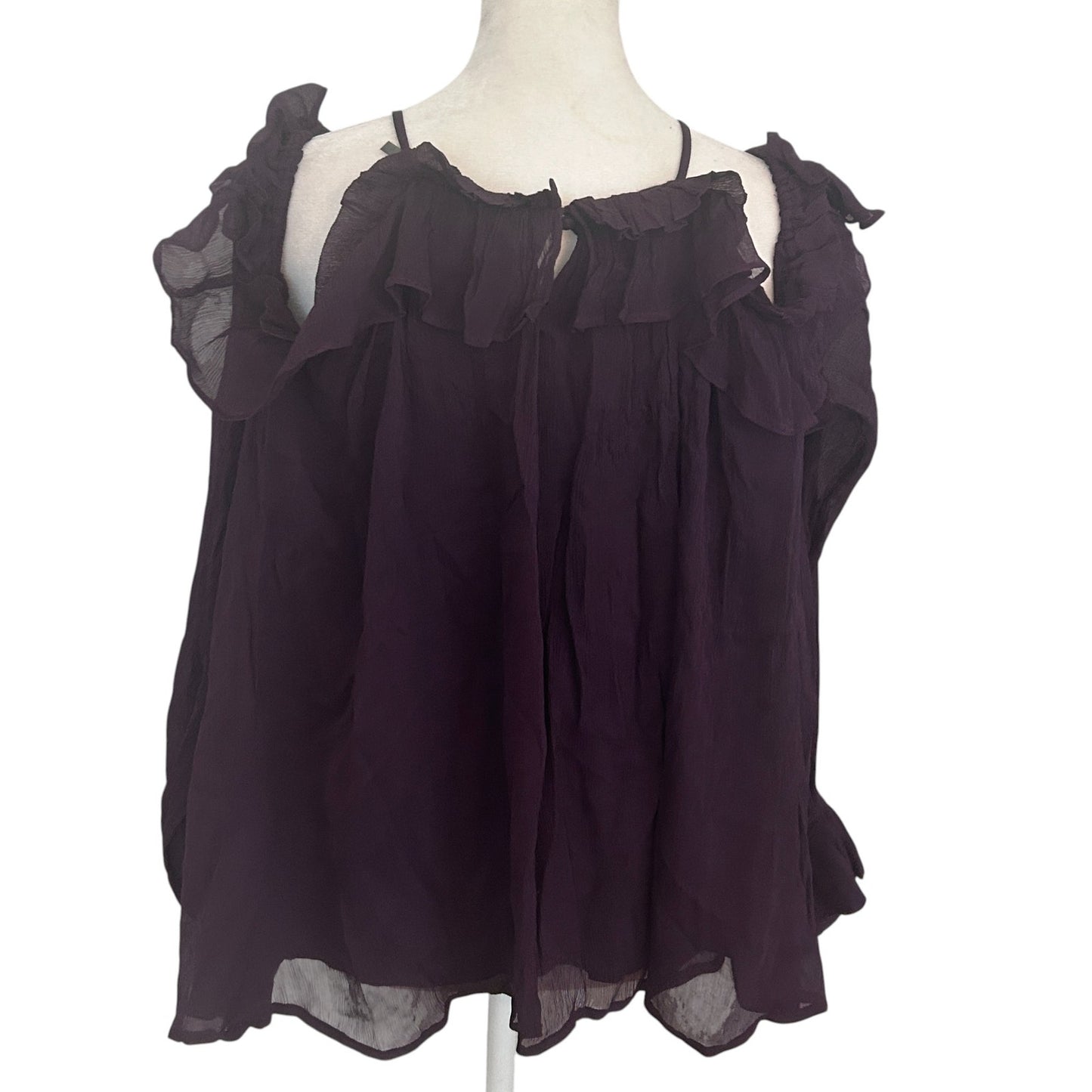 Anthropologie Dark Plum Purple Ruffled Cold Shoulder Blouse Womens Size Large