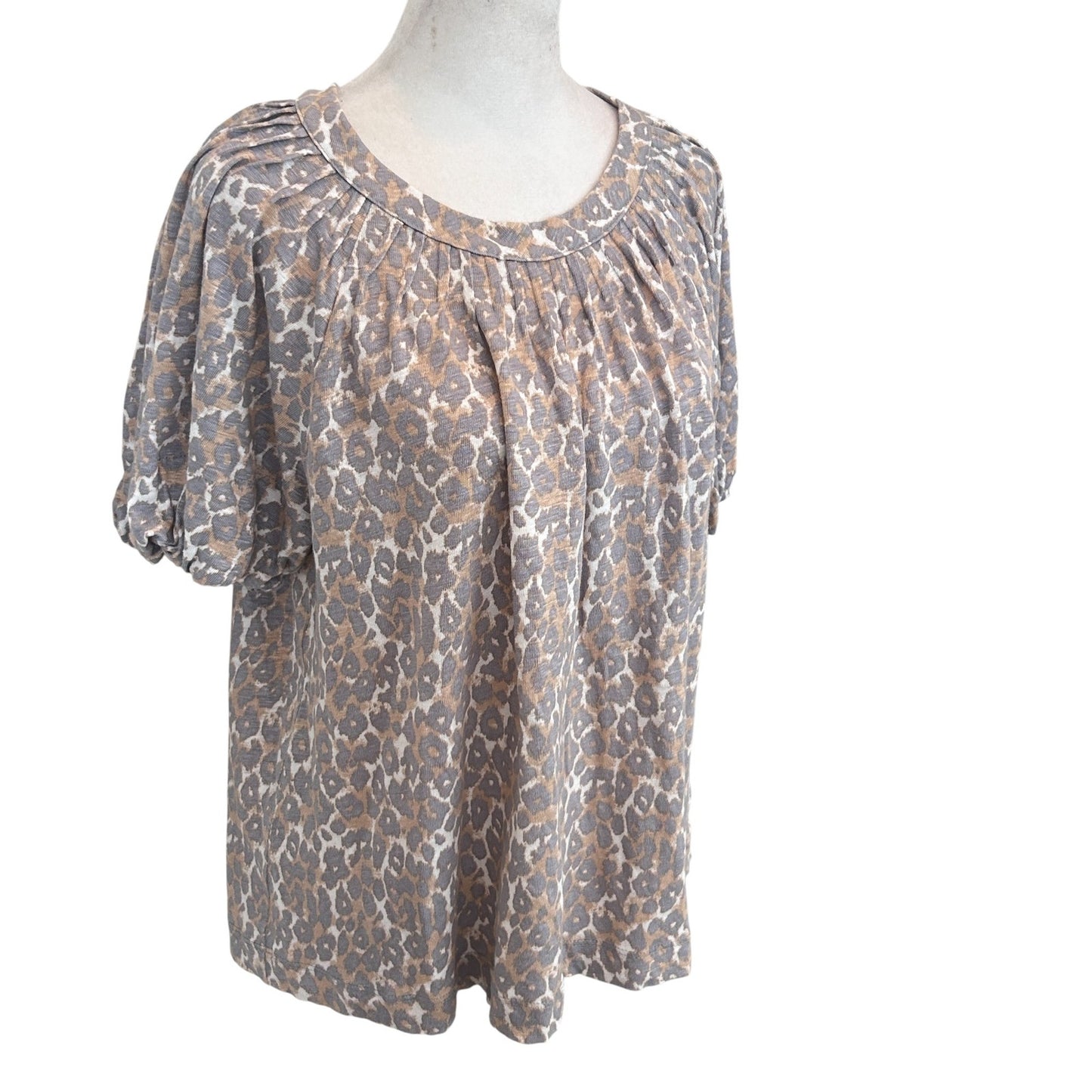 Maeve Anthropologie Gray, Tan Cheetah Short Sleeve Linen Top Womens Size Medium