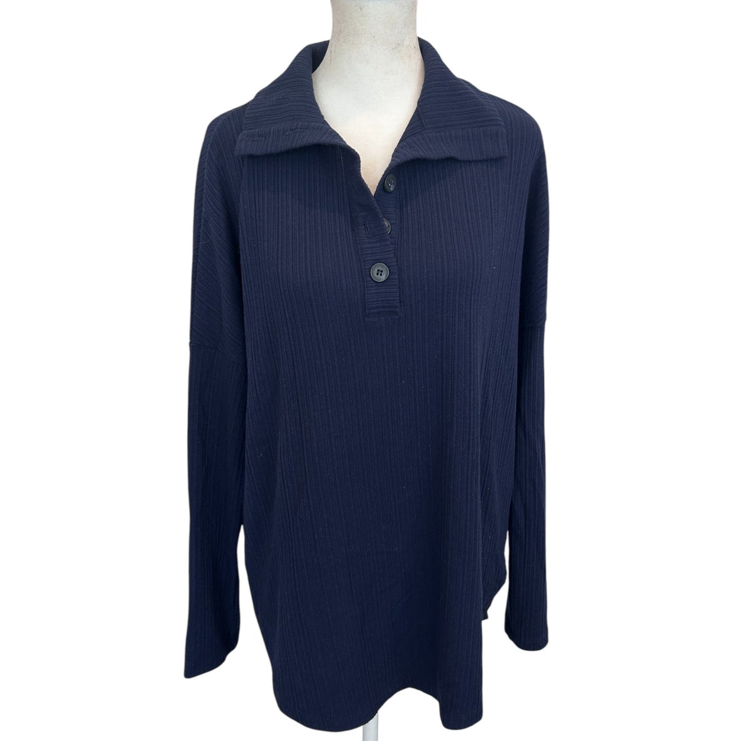 Michael Stars Navy Blue Ribbed Long Sleeve Collared Polo Top Womens Size Medium