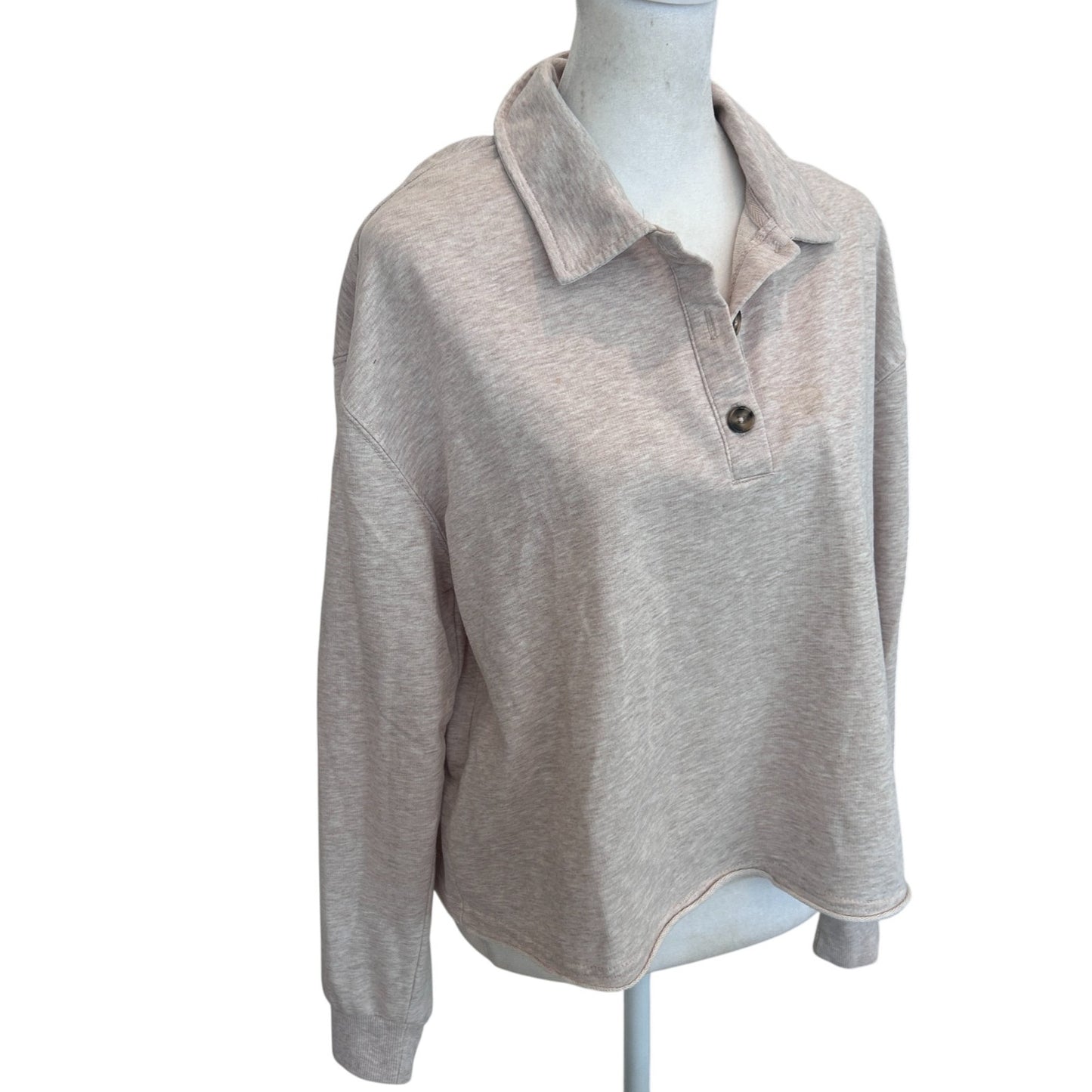 Z Supply Tan 1/4 Button Cropped Raw Hem Collared Sweatshirt Womens Size Small
