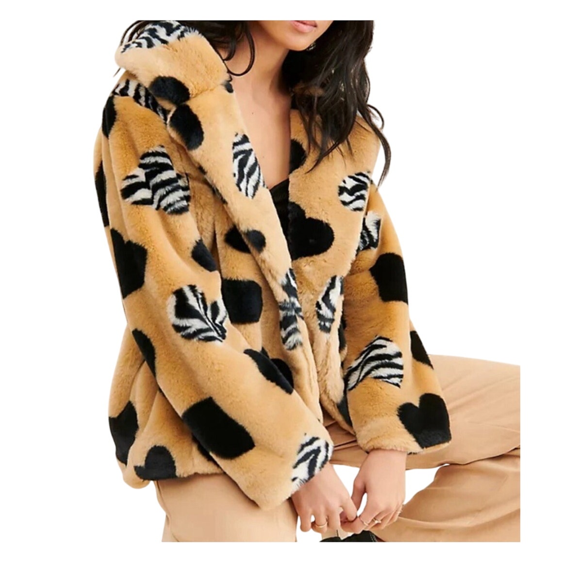 Anthropologie Maeve Faux Fur Coat Tan, Black and Zebra Hearts Womens Size Medium