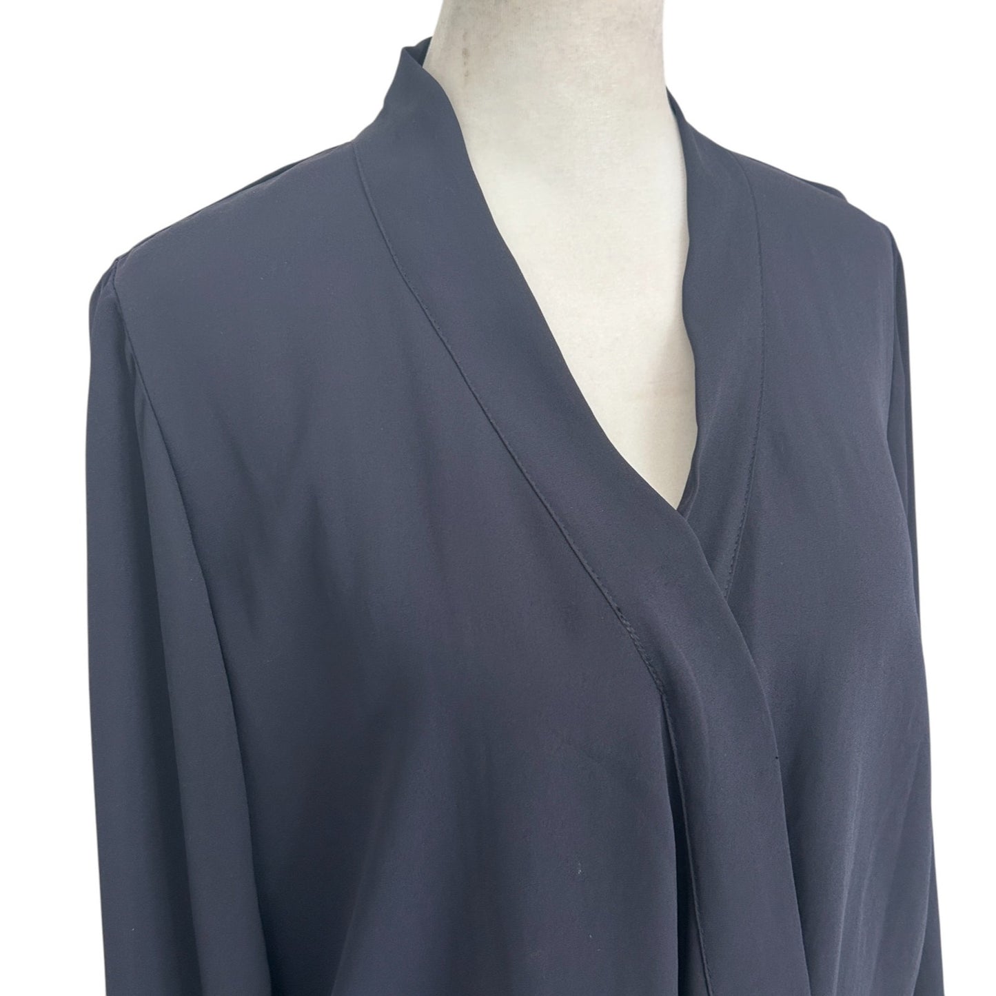 Veronica M. Navy Blue V-Neck Drape Front Long Blouse Top Womens Size Small