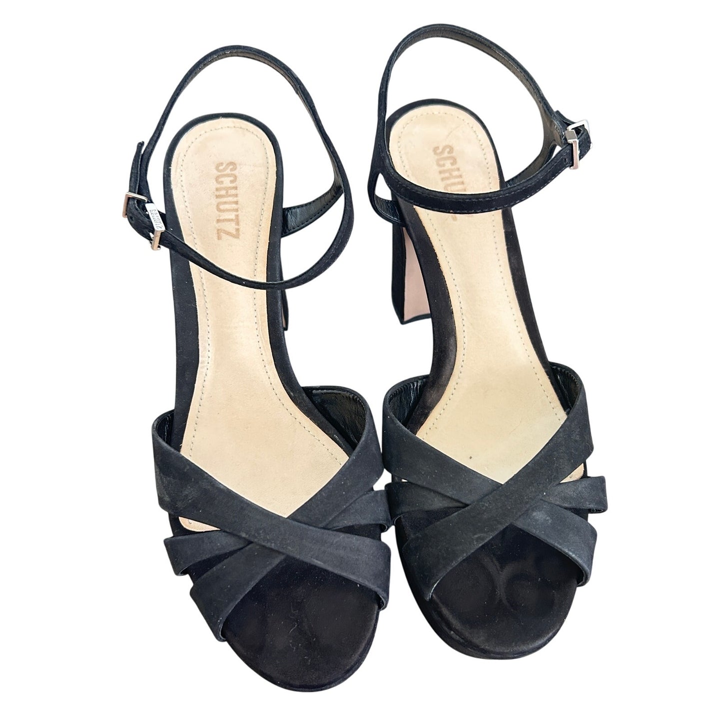 Schutz Keefa Platform Strappy Sandal Heels Black Nubuck Leather Womens Size 9 B