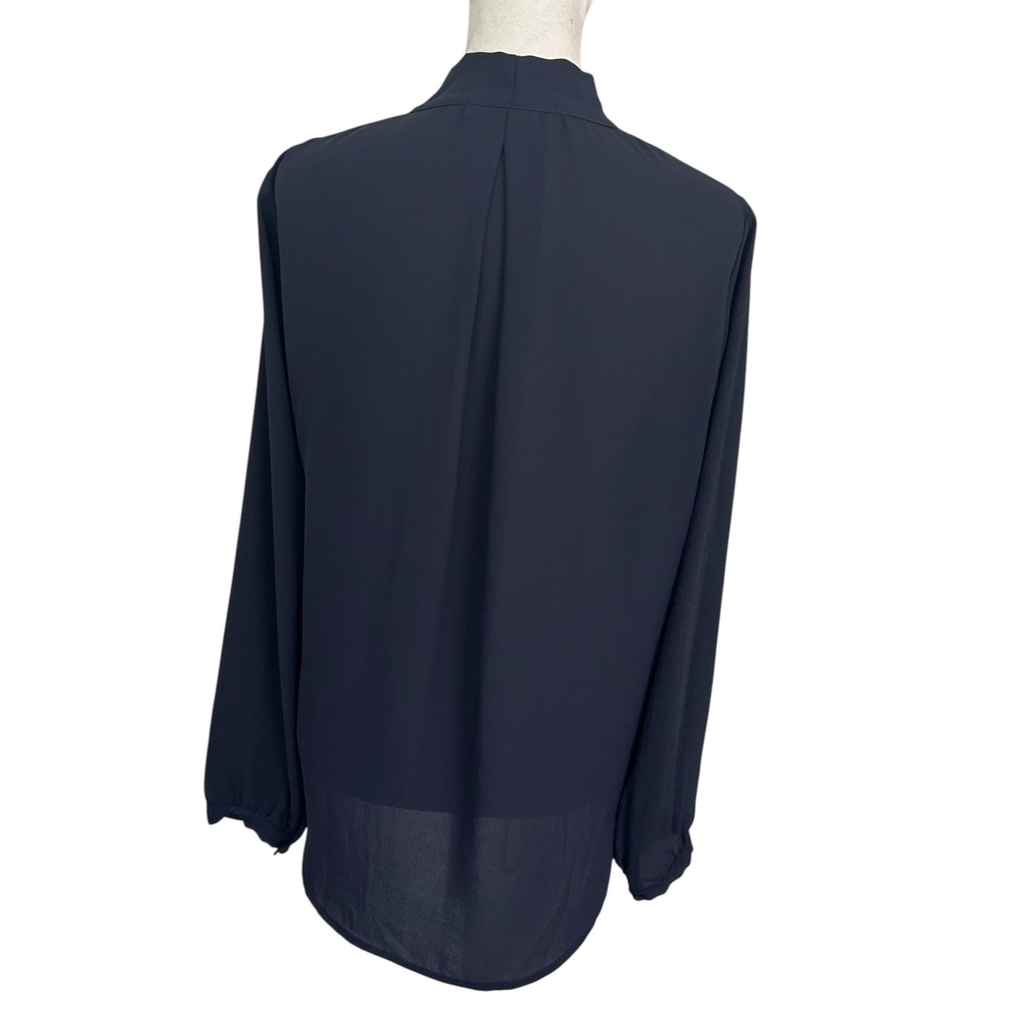 Veronica M. Navy Blue V-Neck Drape Front Long Blouse Top Womens Size Small