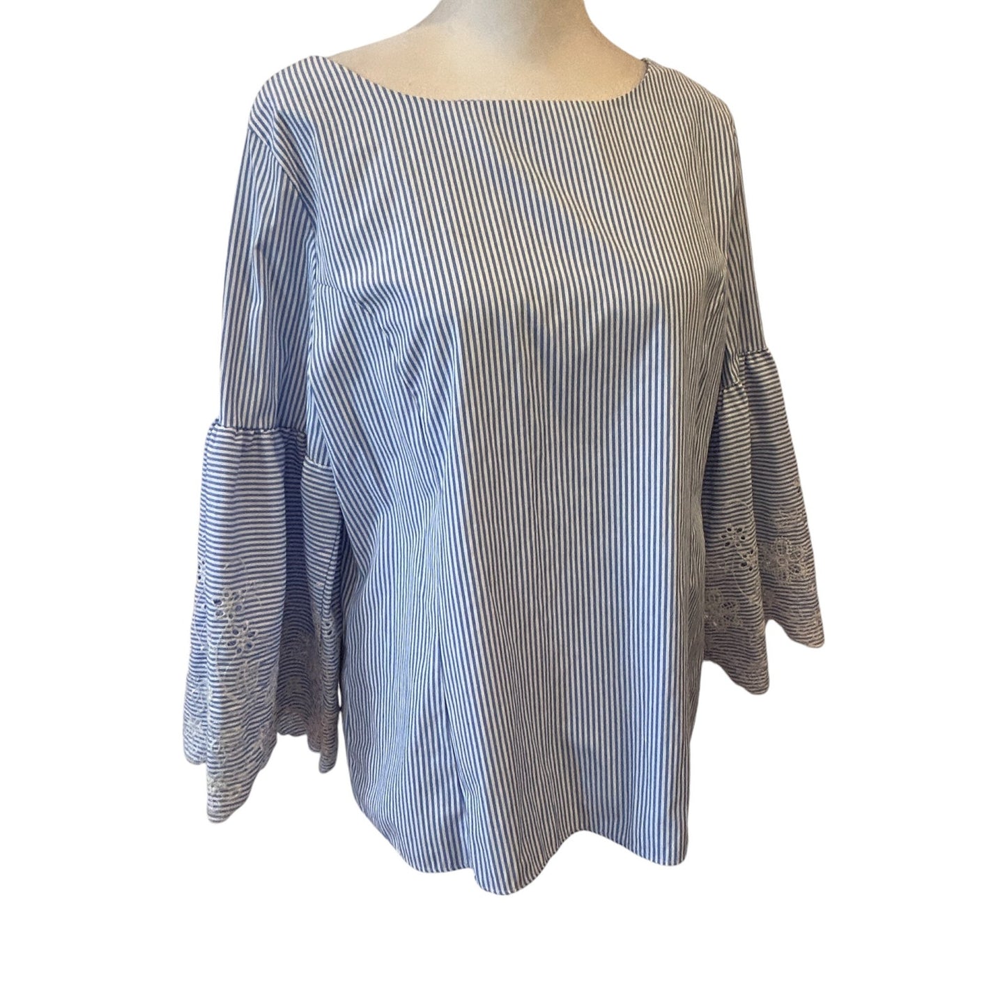 Kay Celine Blue White Stripe Eyelet Trim 3/4 Bell Sleeve Top Womens Size Medium