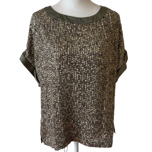 Carlisle Taupe Silk Boxy Short Sleeve Sequined Top Womens Size 10