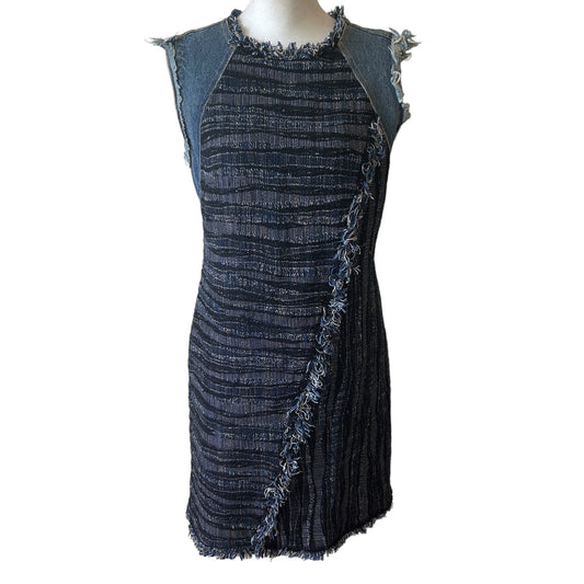 Rebecca Taylor Blue Tweed and Denim Sleeveless Shift Dress Fringe Womens Size 4