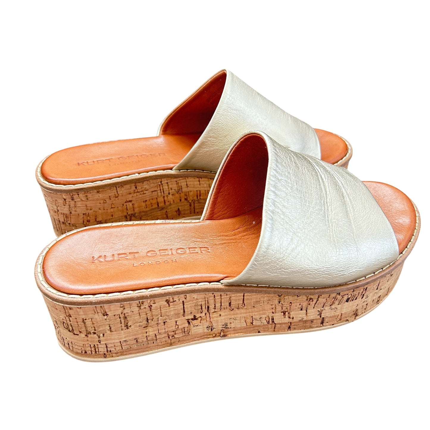 Kurt Geiger Maci Gold Leather Cork Heel Platform Slide Sandals Womens Size 7