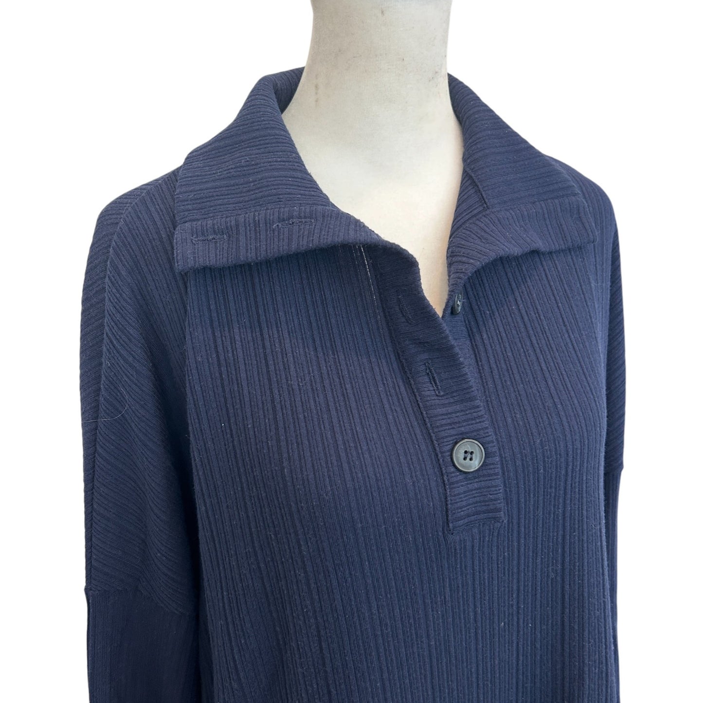 Michael Stars Navy Blue Ribbed Long Sleeve Collared Polo Top Womens Size Medium