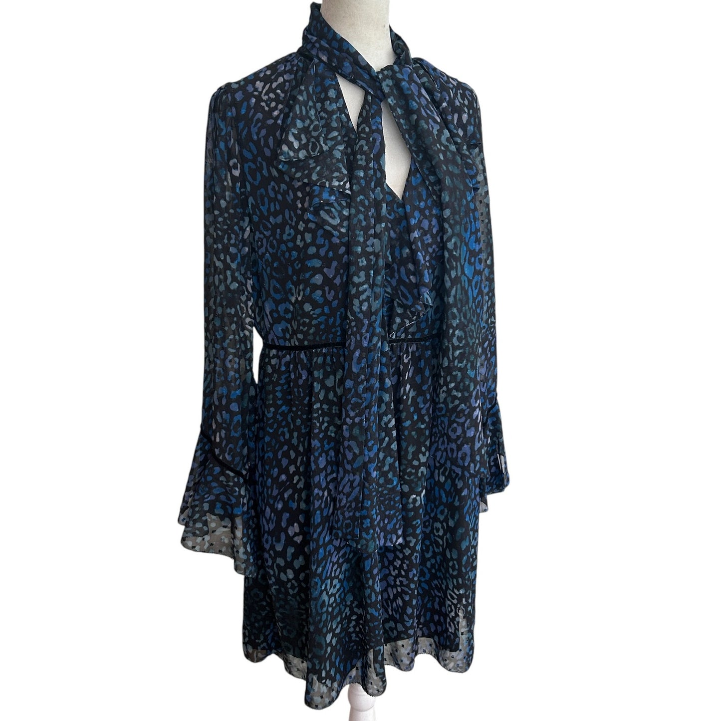 Laundry by Shelli Segal Blue Black Cheetah V-Neck Ruffled Dress Womens Size 8