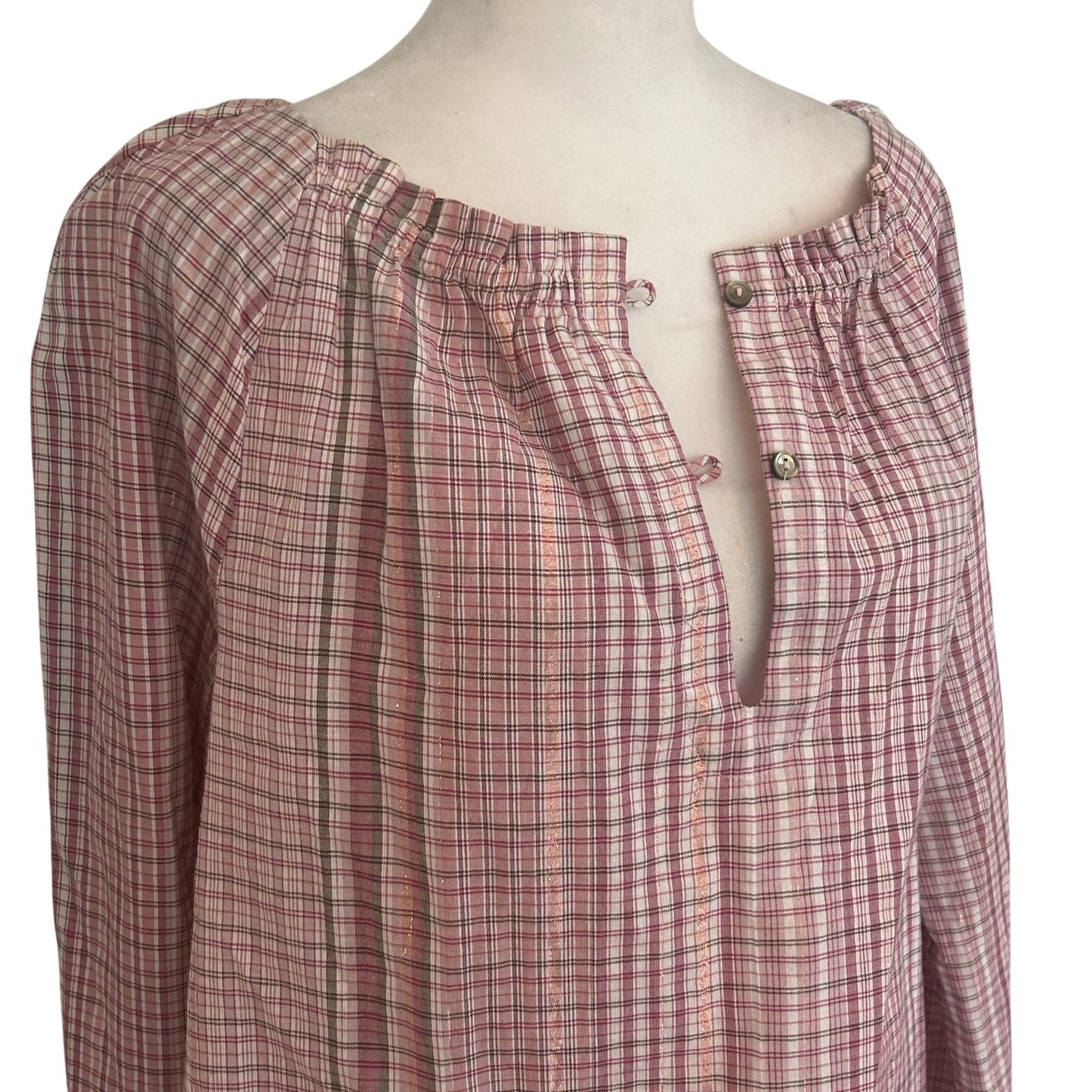 La Vie Rebecca Taylor Pink Plaid Long Sleeve V-Neck Ruffle Top Womens Size Large
