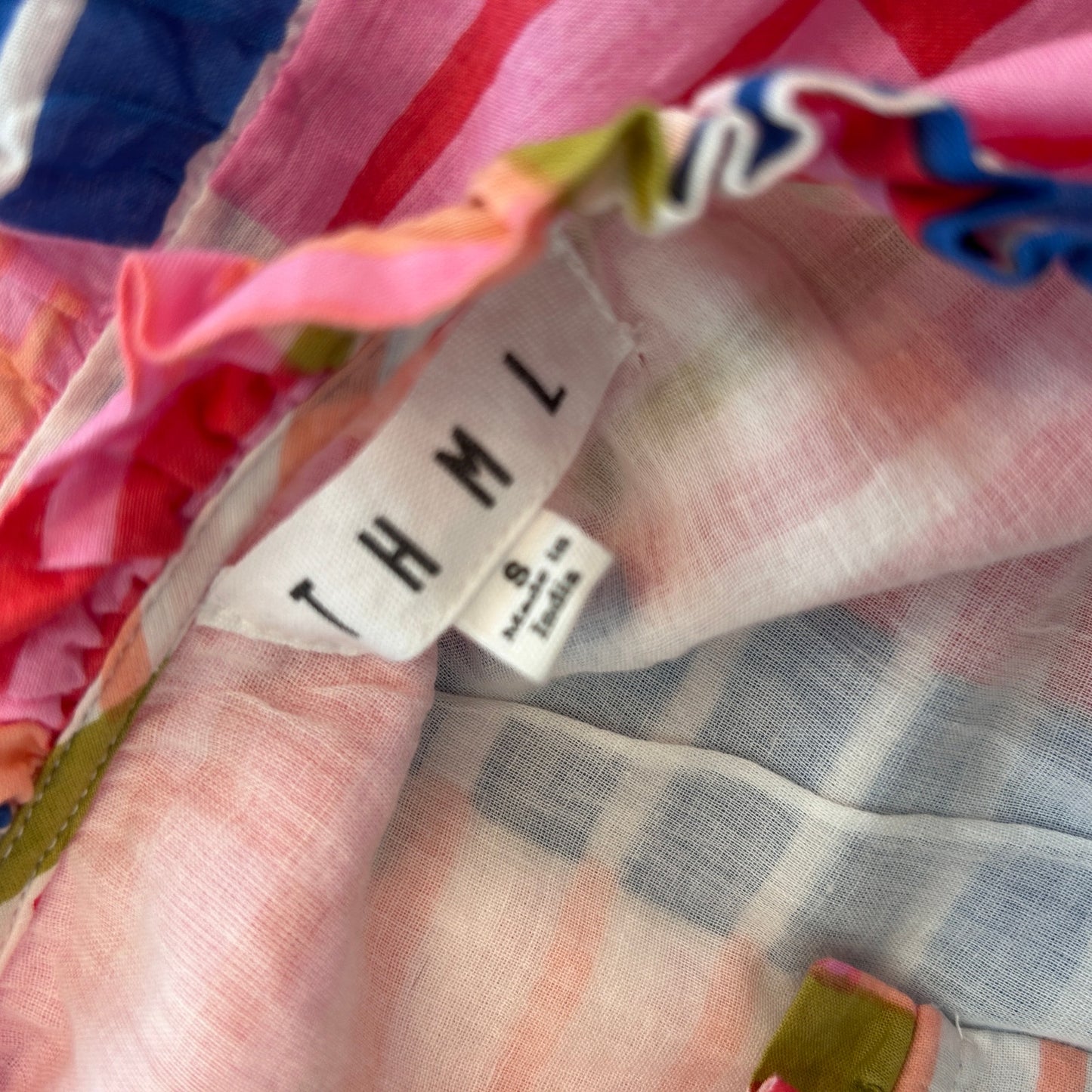 THML Pink, Green, Blue, White, Geometric Mini Ruffled Dress Womens Size Small