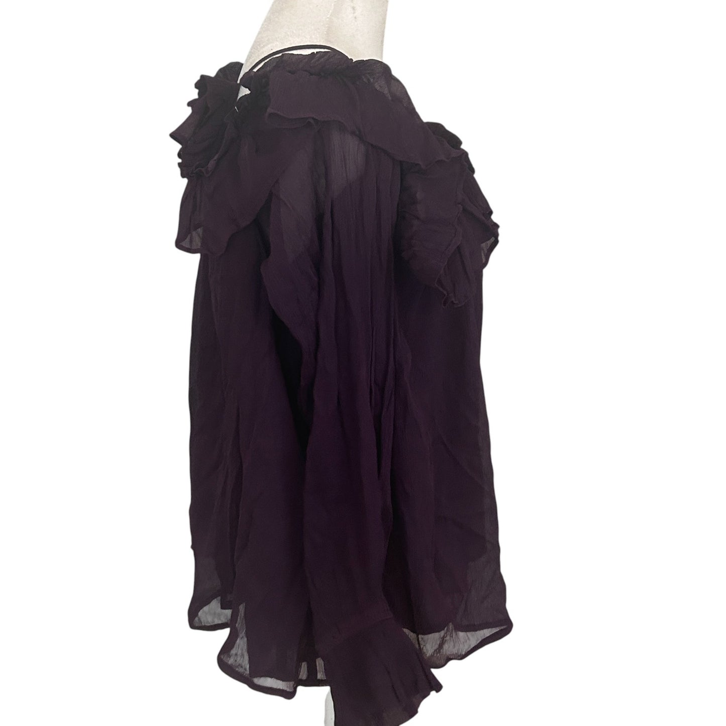 Anthropologie Dark Plum Purple Ruffled Cold Shoulder Blouse Womens Size Large