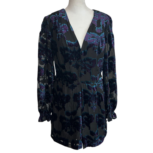 Adelyn Rae Black Blue Purple Floral Long Sleeve Shorts Romper Womens Size Medium