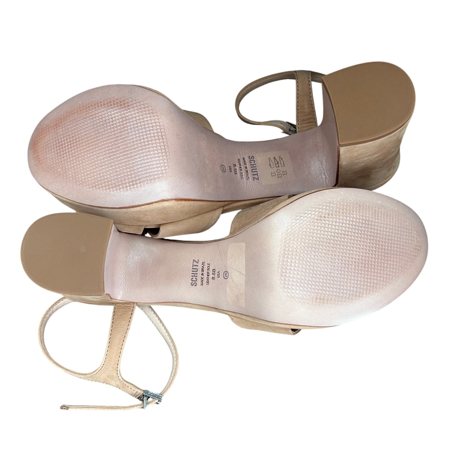 Schutz Keefa Platform Strappy Heels Honey Beige Nubuck Leather Womens Size 8.5