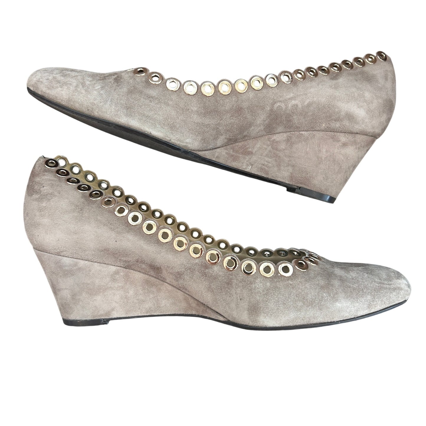 VANELi Deana Truffle Suede Brown Gold Metal Eyelet Trim Wedges Womens Size 8.5