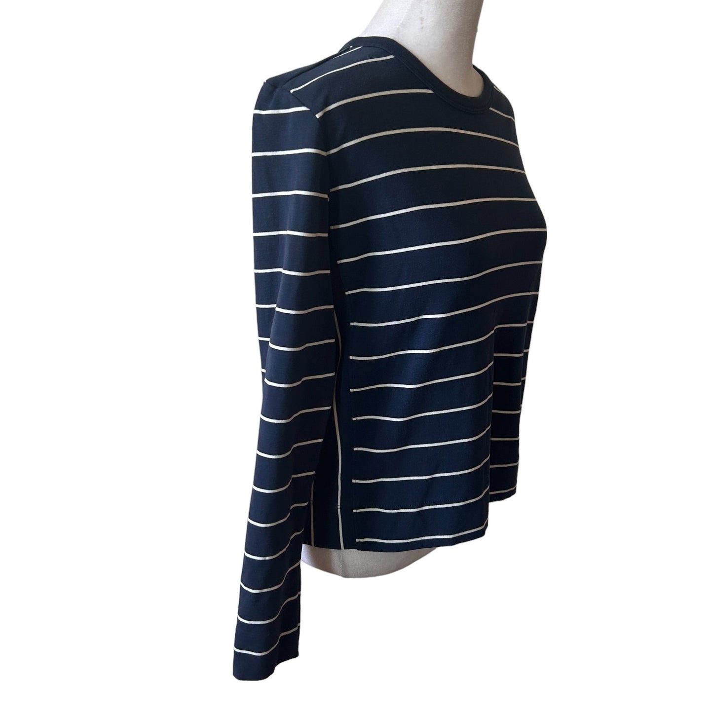 Lilla P Navy Blue and White Striped Long Sleeve Pullover Top Womens Size Small