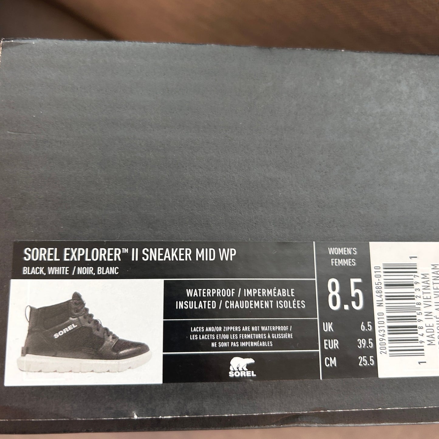Sorel Explorer II Waterproof Mid Sneaker Black and White Womens Size 8.5