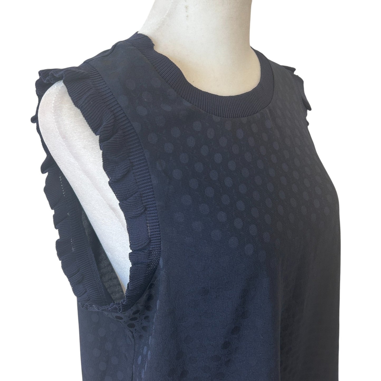 Current Air Navy Blue Polka Dot Ruffle Trim Sleeveless Top Womens Size Small NEW