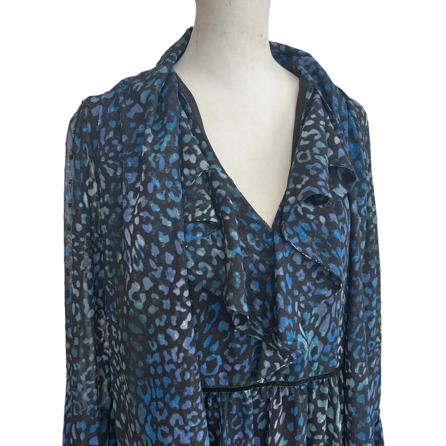 Laundry by Shelli Segal Blue Black Cheetah V-Neck Ruffled Dress Womens Size 8