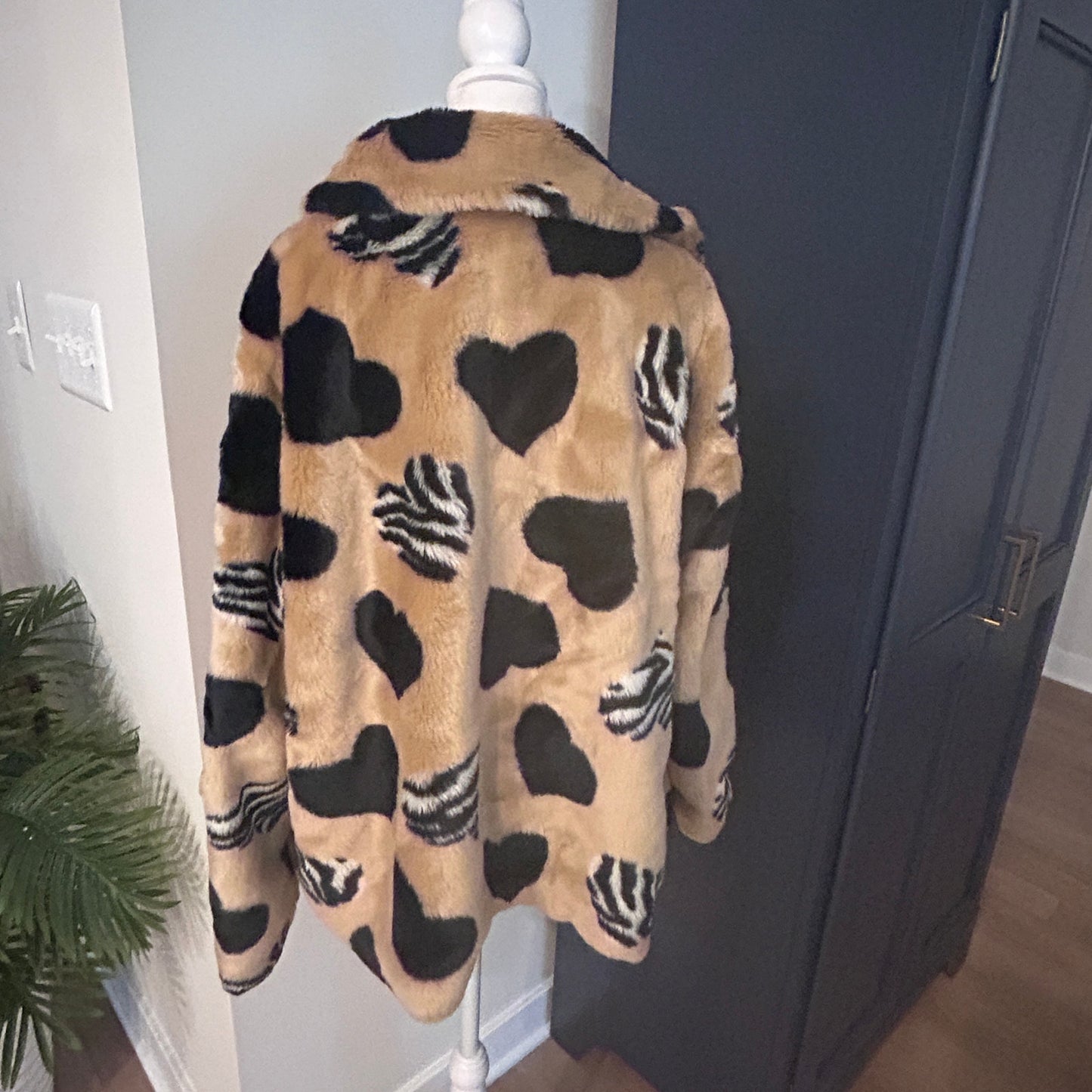 Anthropologie Maeve Faux Fur Coat Tan, Black and Zebra Hearts Womens Size Medium