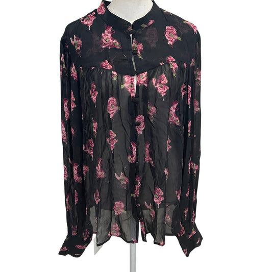 Anthropologie Black and Pink Floral Sheer Boho Flowy Blouse Womens Size Large