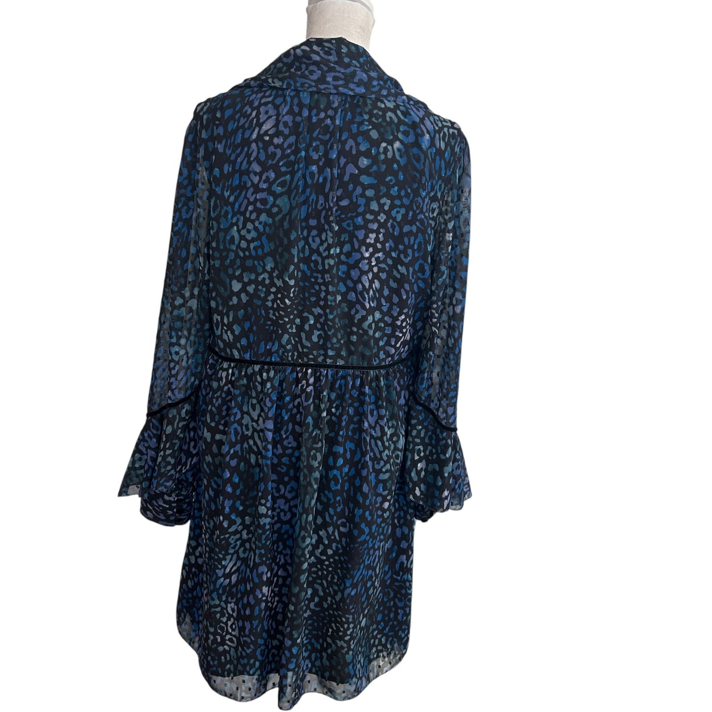 Laundry by Shelli Segal Blue Black Cheetah V-Neck Ruffled Dress Womens Size 8