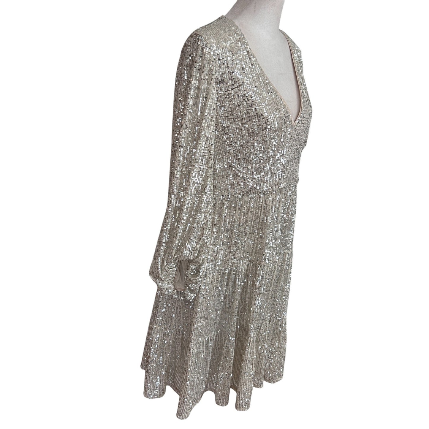 Eliza J Silver Sequined Balloon Sleeve Tiered Mini Dress EJ1M8892 Womens Size 10