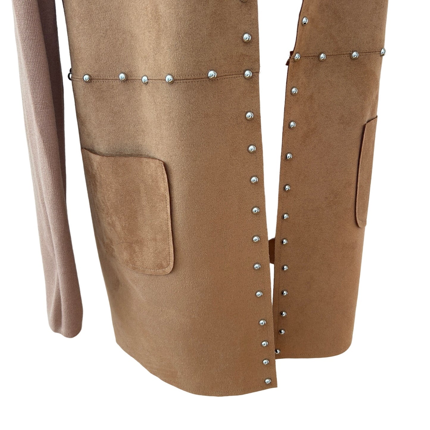 Sioni Caramel Brown Faux Suede and Knit Open Cardigan Womens Size Small NEW