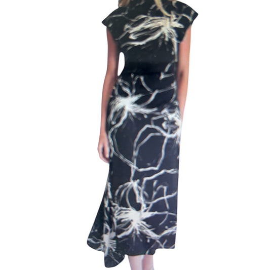 DKNY Black and Ivory Printed Mock-Neck Cap Sleeve Midi Dress Womens Size 6 NEW