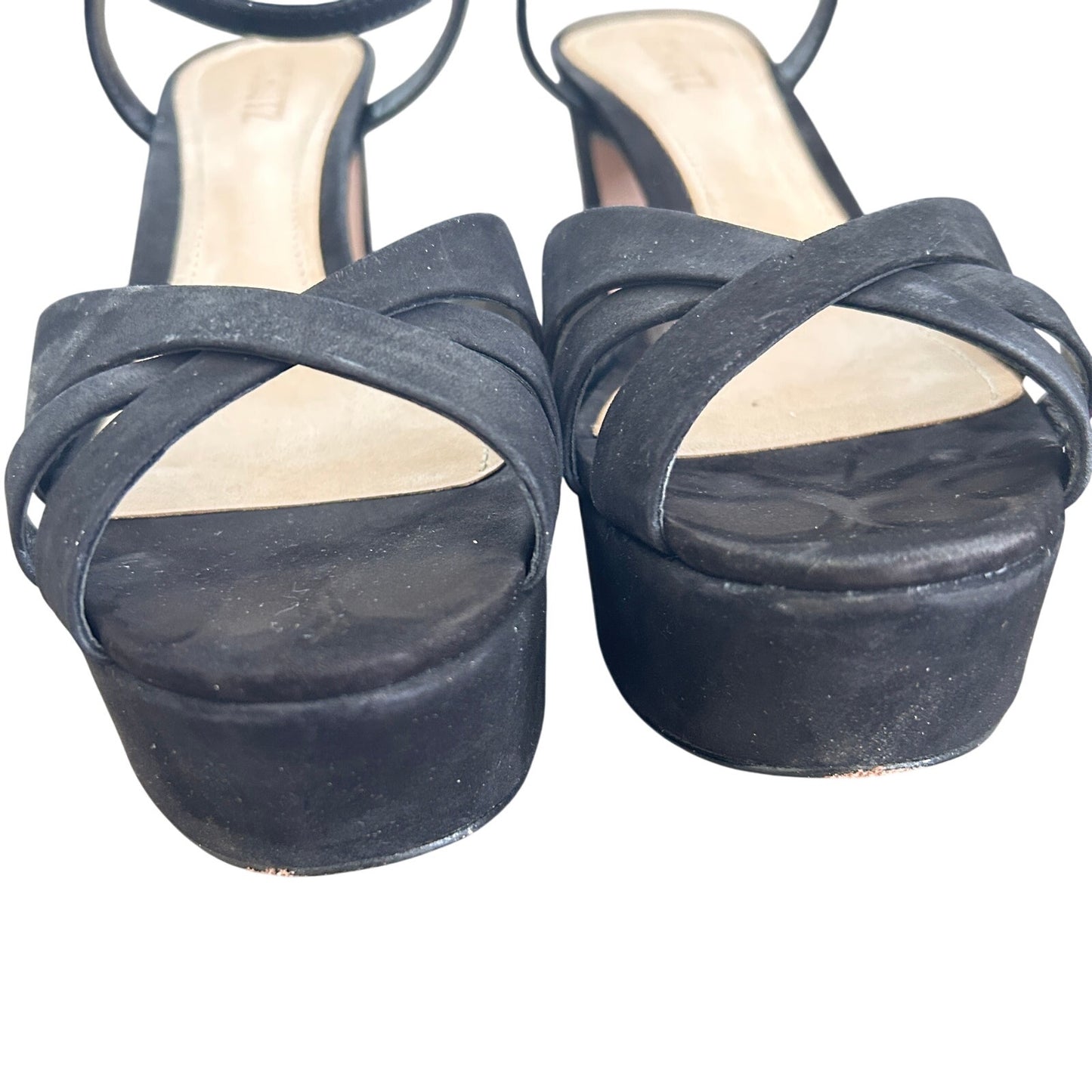 Schutz Keefa Platform Strappy Sandal Heels Black Nubuck Leather Womens Size 9 B