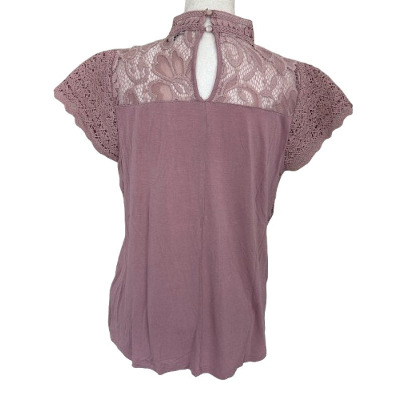 Cable & Gauge Pink Lacy Flutter Sleeve Mock Neck Blouse Womens Size Small