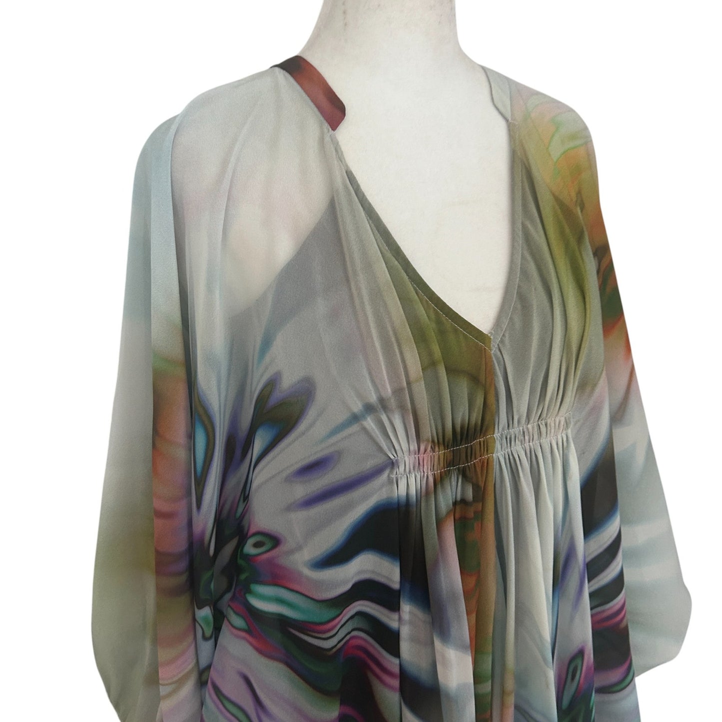 Maggy London Grey Gold Green Purple Mini Kaftan Boho Tunic Dress Womens Size 6
