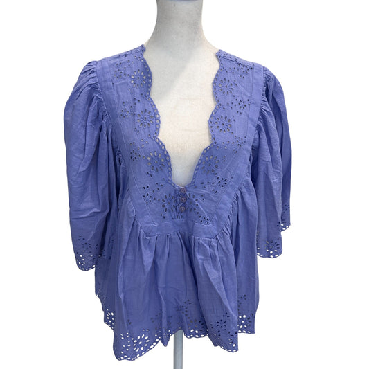 Free People Purple Eyelet Boxy Short Sleeve Boho Top Womens Size Small