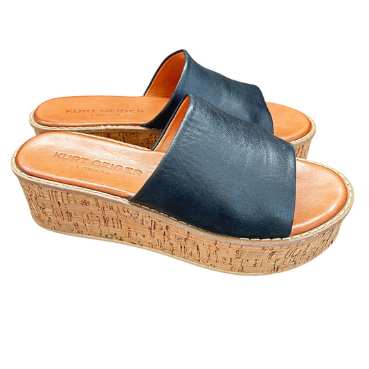 Kurt Geiger Maci Black Leather Cork Heel Platform Slide Sandals Womens Size 7