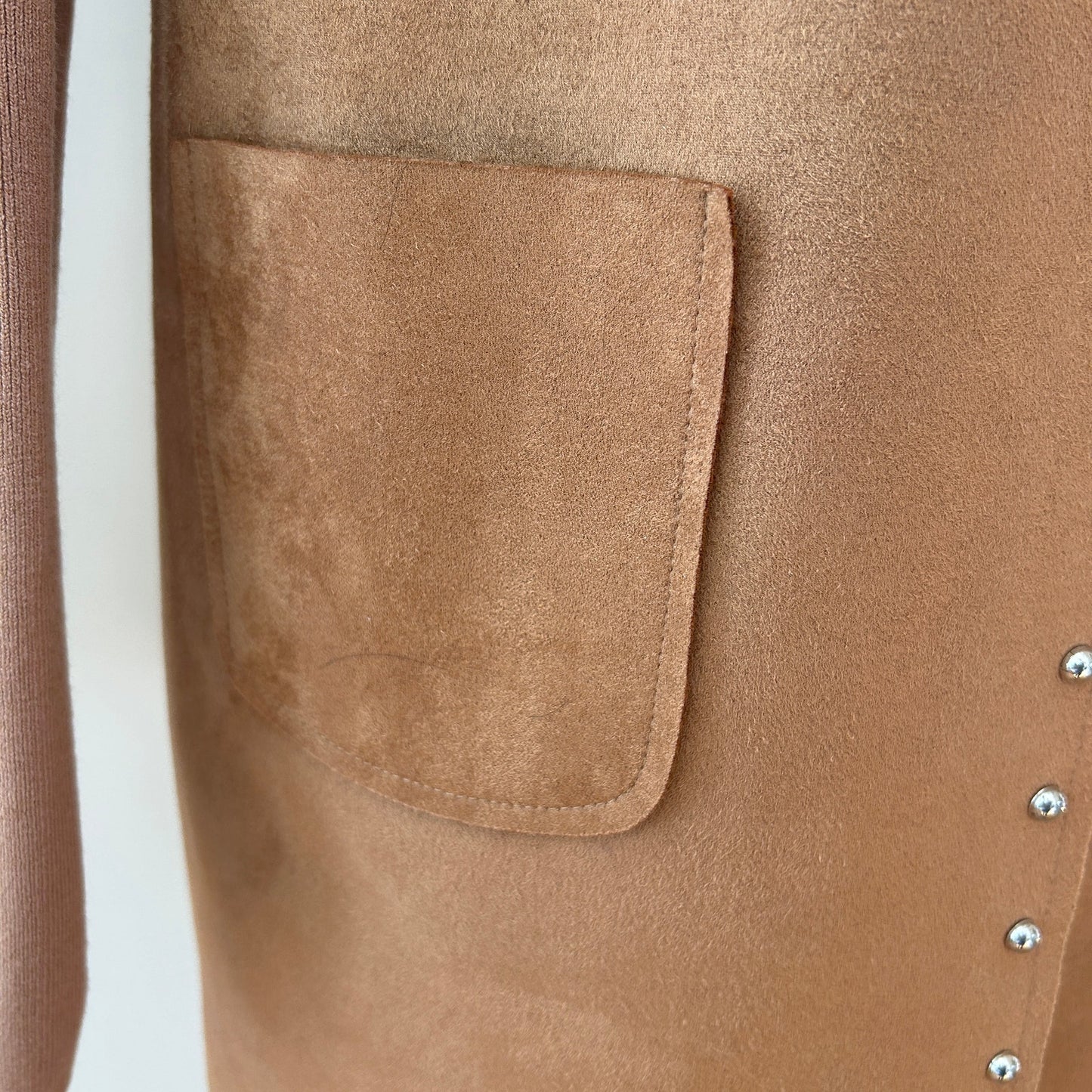 Sioni Caramel Brown Faux Suede and Knit Open Cardigan Womens Size Small NEW