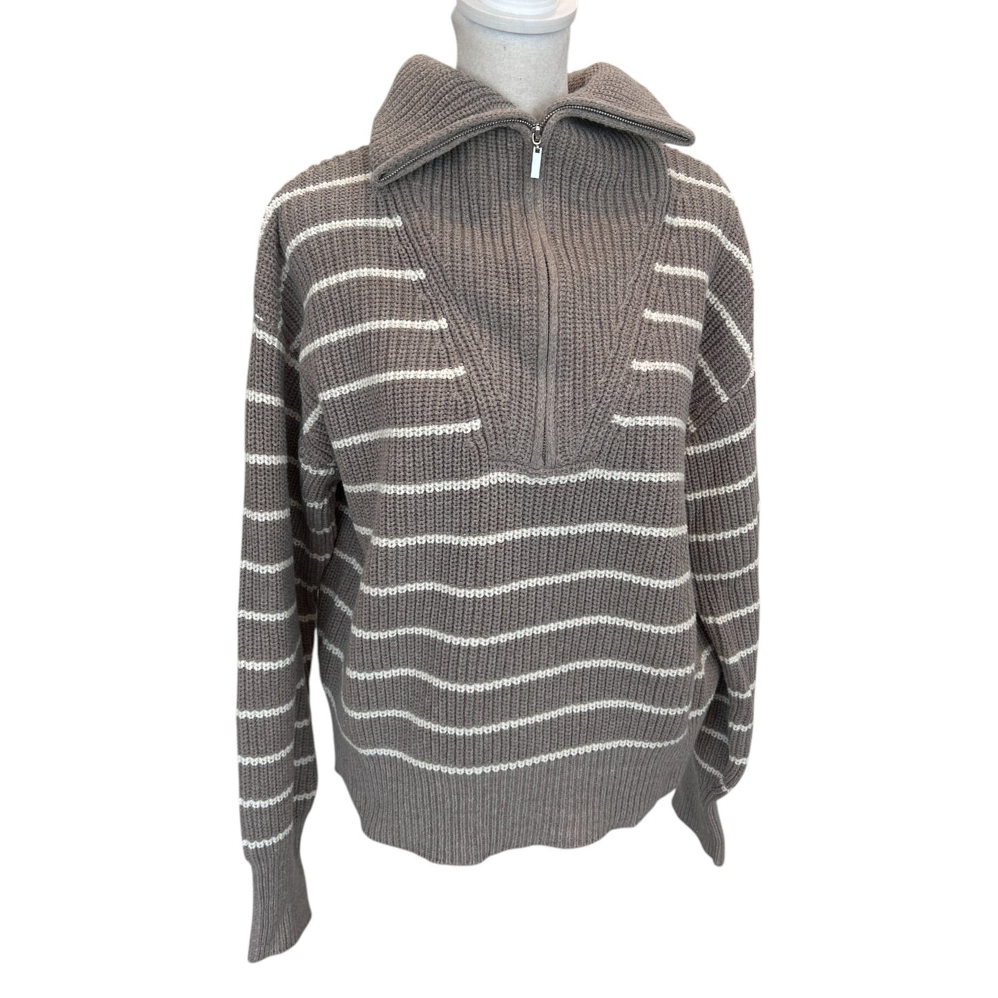Z Supply NWT Villa Half Zip Sweater Taupe and White Stripe Womens Size Medium