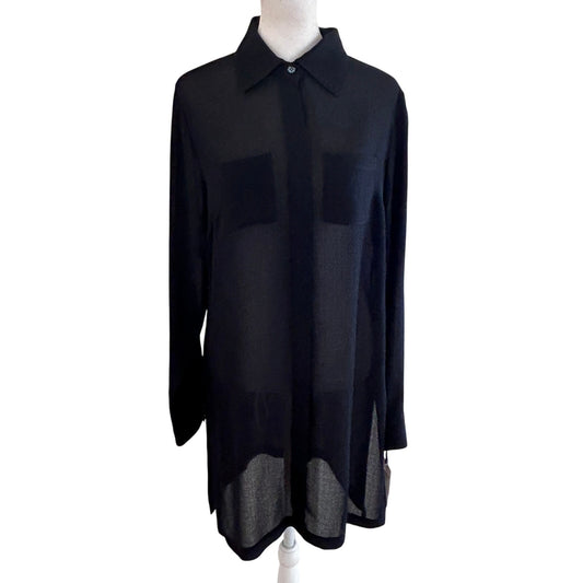 W by Worth NEW Navy Blue Long Tunic Sheer Button Down Blouse Womens Size 4 NWT