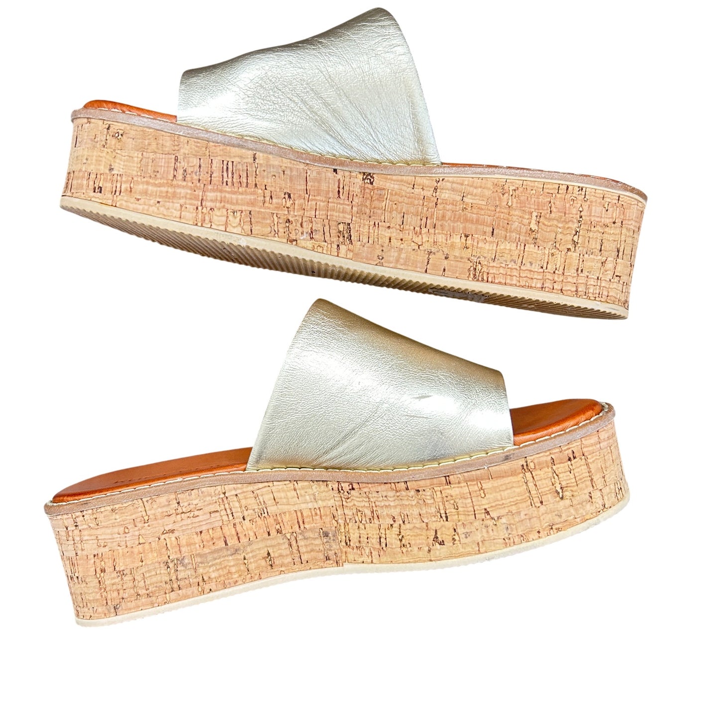 Kurt Geiger Maci Gold Leather Cork Heel Platform Slide Sandals Womens Size 7