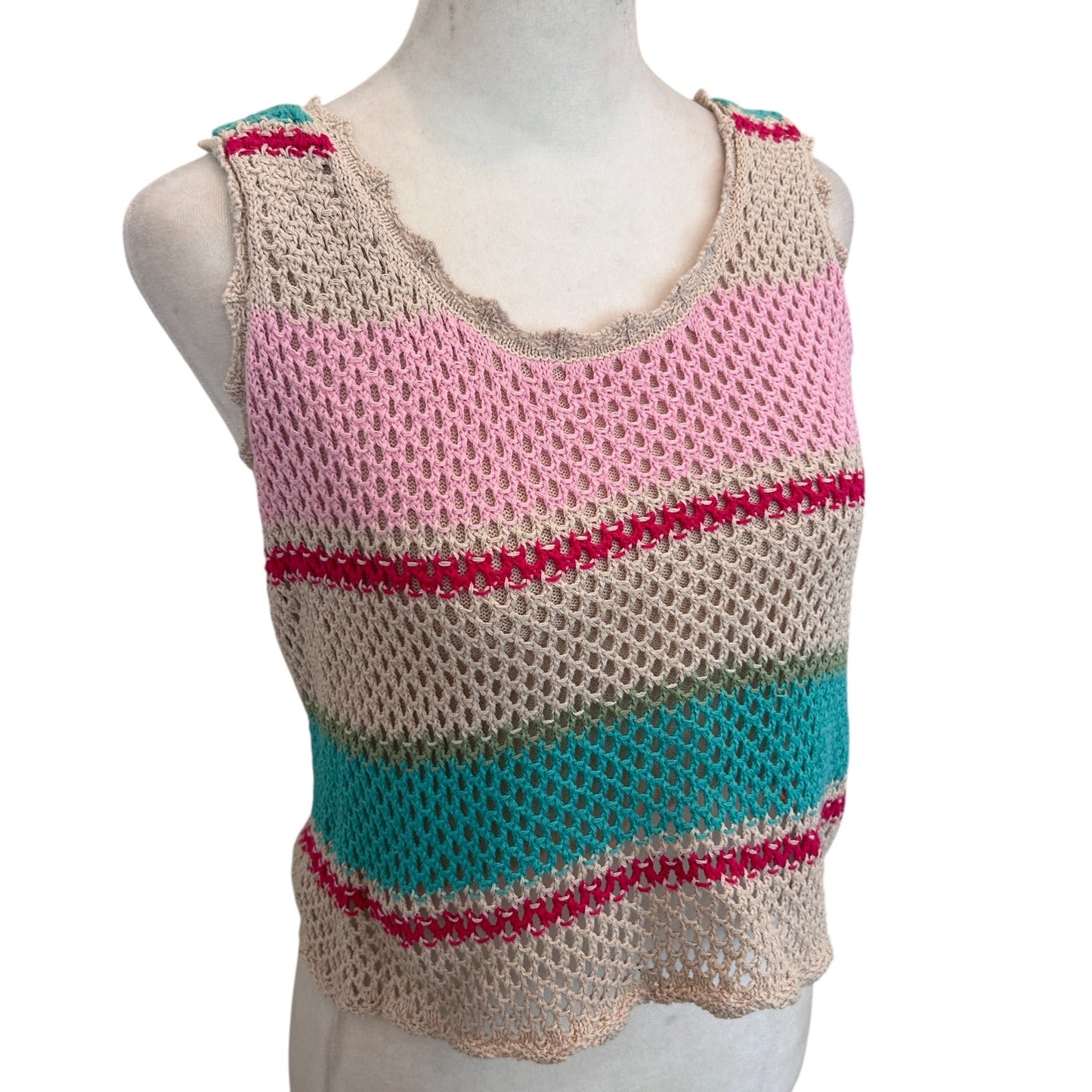 Z Supply Tan, Aqua, Pink Crochet Sweater Tank Top Boho Womens Size Medium