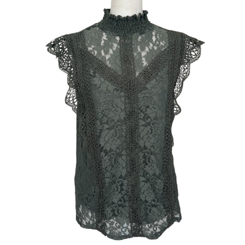 Cable & Gauge Olive Green Lace Flutter Sleeve Mock Neck Blouse Womens Size Small