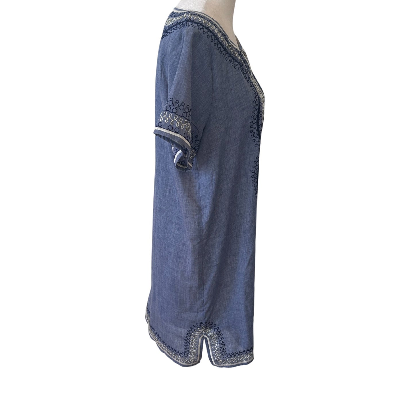 THML Blue Chambray Embroidered V-Neck Boho Mini Shift Dress Womens Size Small