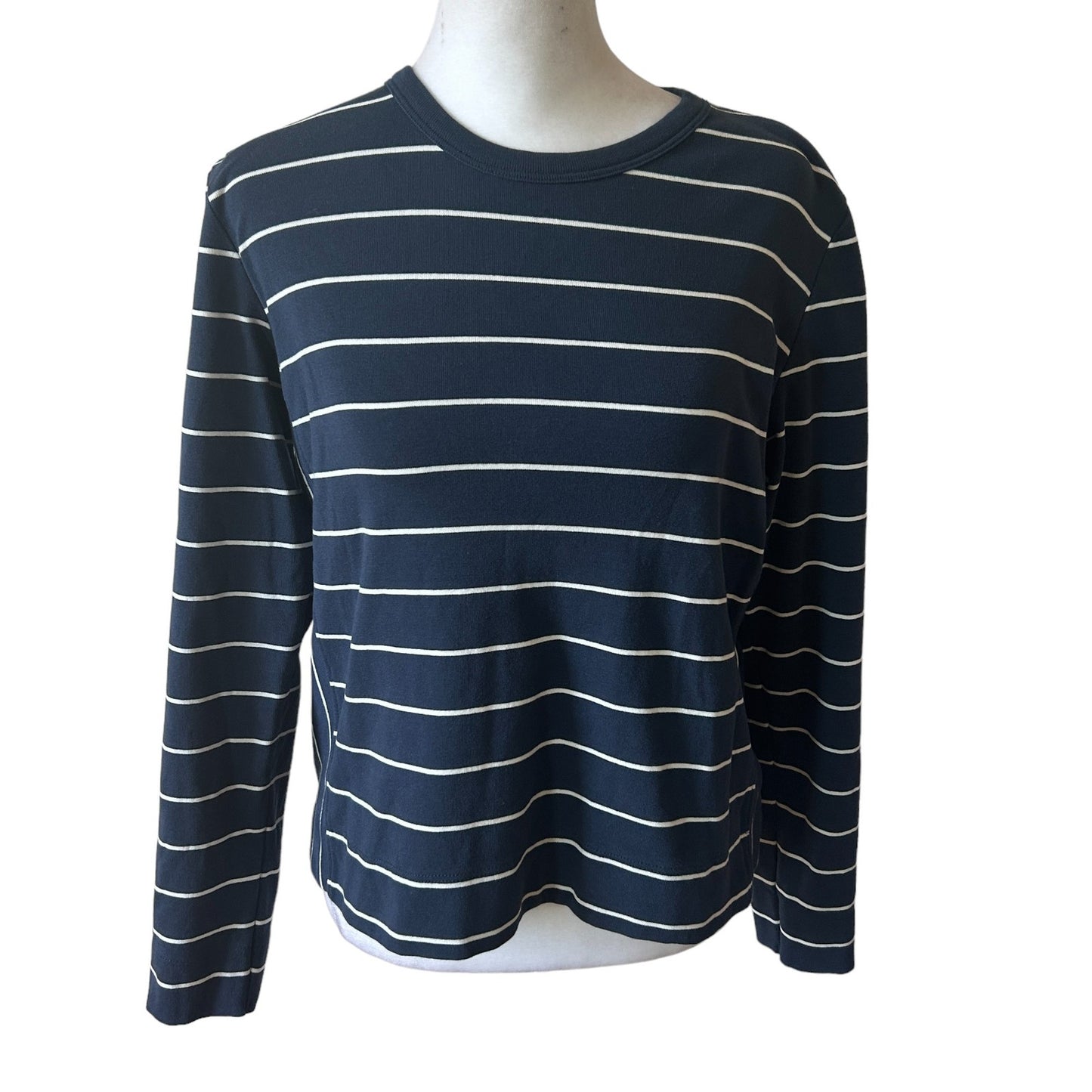 Lilla P Navy Blue and White Striped Long Sleeve Pullover Top Womens Size Small
